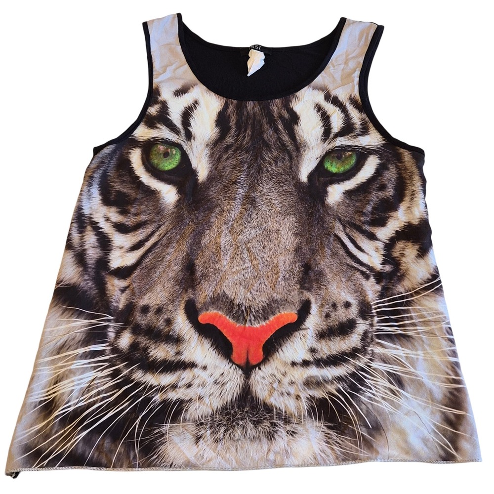 ISSI Tiger Face Graphic Tank Top Black Green Eyes Photorealistic Sleeveless Top